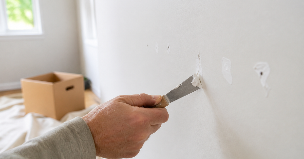 Small wall holes being filled with white repair paste before moving out