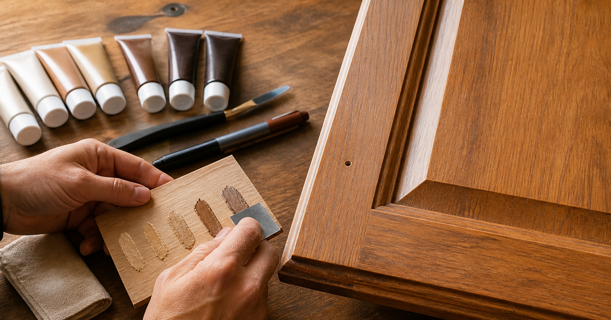 Hands testing wood filler colors beside a small hole in a wooden cabinet