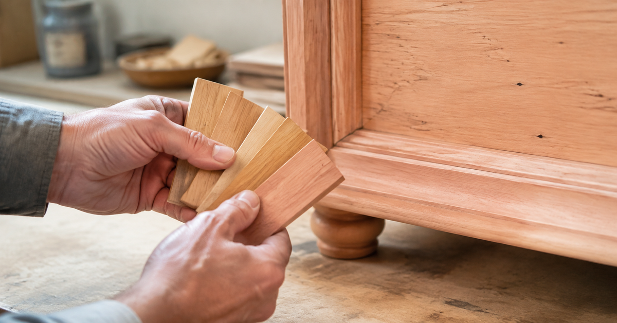 Warm wood repair samples compared with a peach-toned cabinet finish