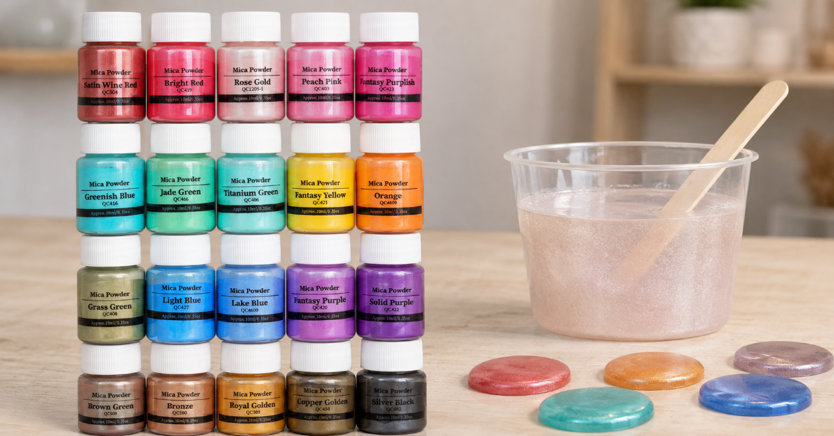SEISSO mica powder beside a smooth pearlescent epoxy resin mixing setup
