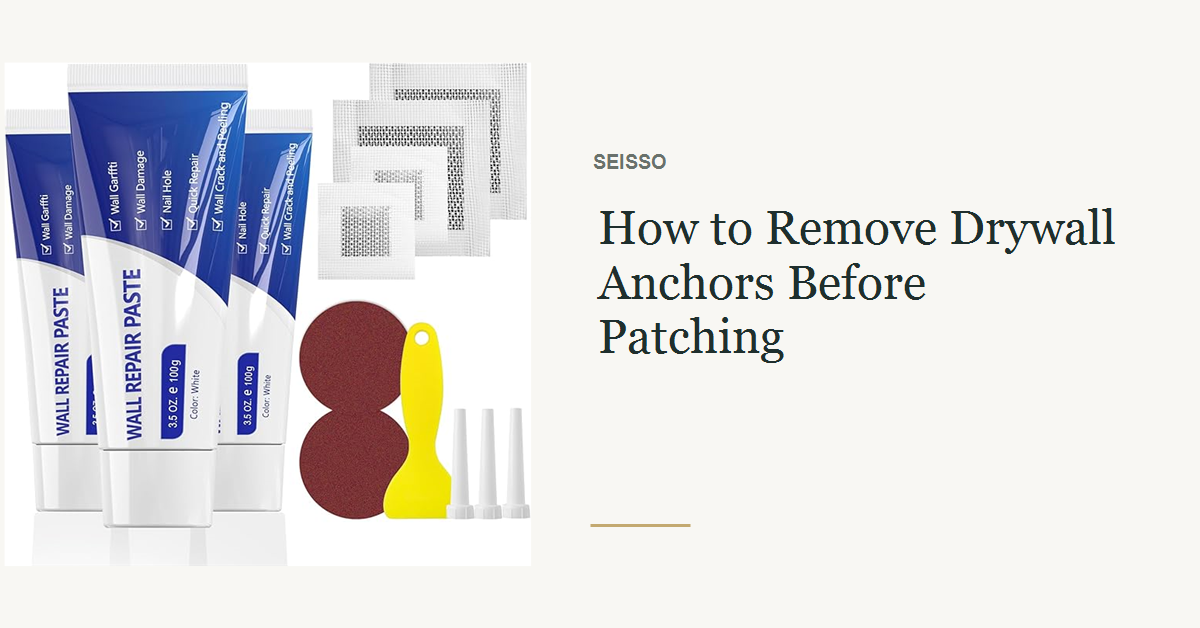 SEISSO drywall repair kit beside a cleanly patched wall anchor opening