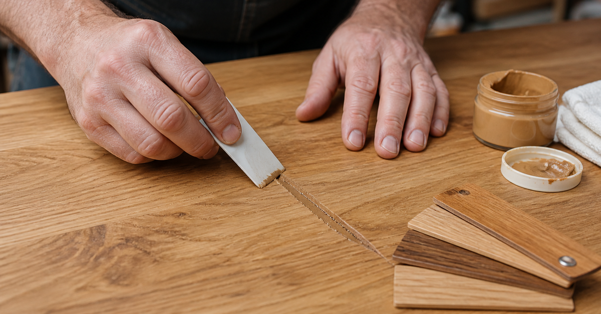 Deep cosmetic gouge in wood furniture being filled with color-matched wood filler