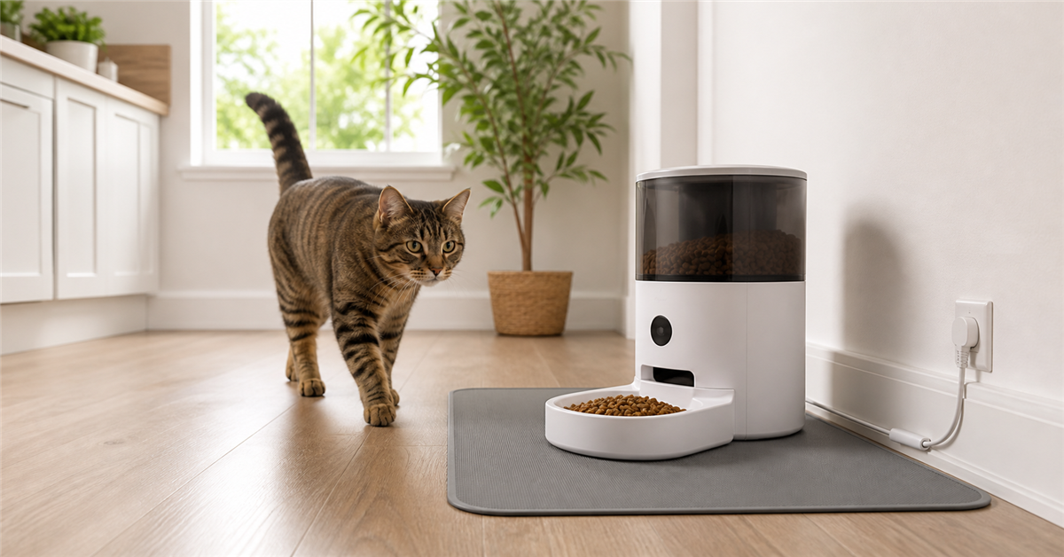Automatic cat feeder placed on a stable floor in a quiet feeding area