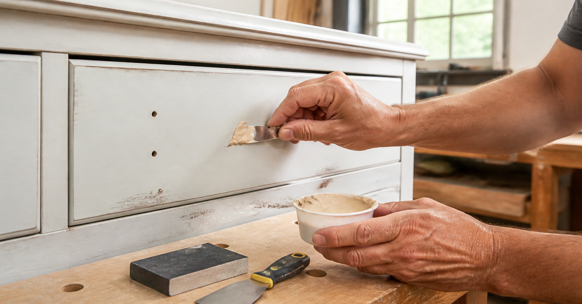 Small cosmetic dent in painted wood furniture being filled with wood putty before refinishing