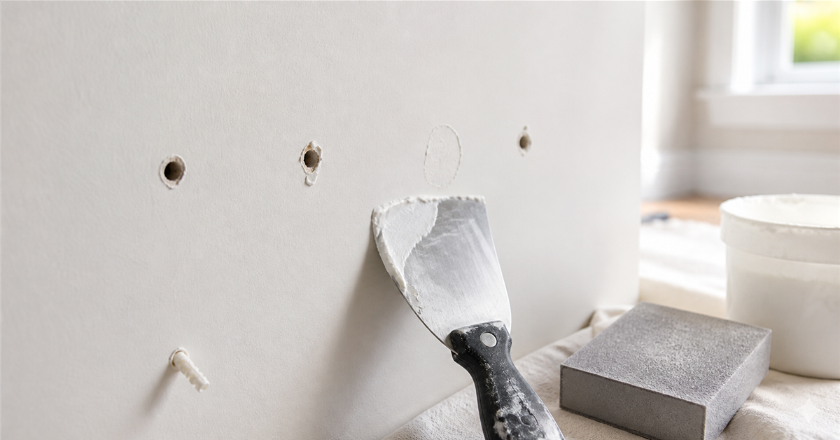 Small drywall anchor holes being repaired with filler and a putty knife