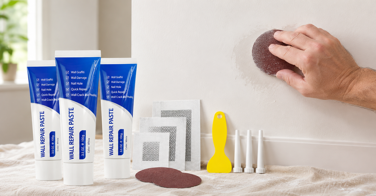 SEISSO drywall repair kit beside a smooth feathered wall patch and sanding sponge