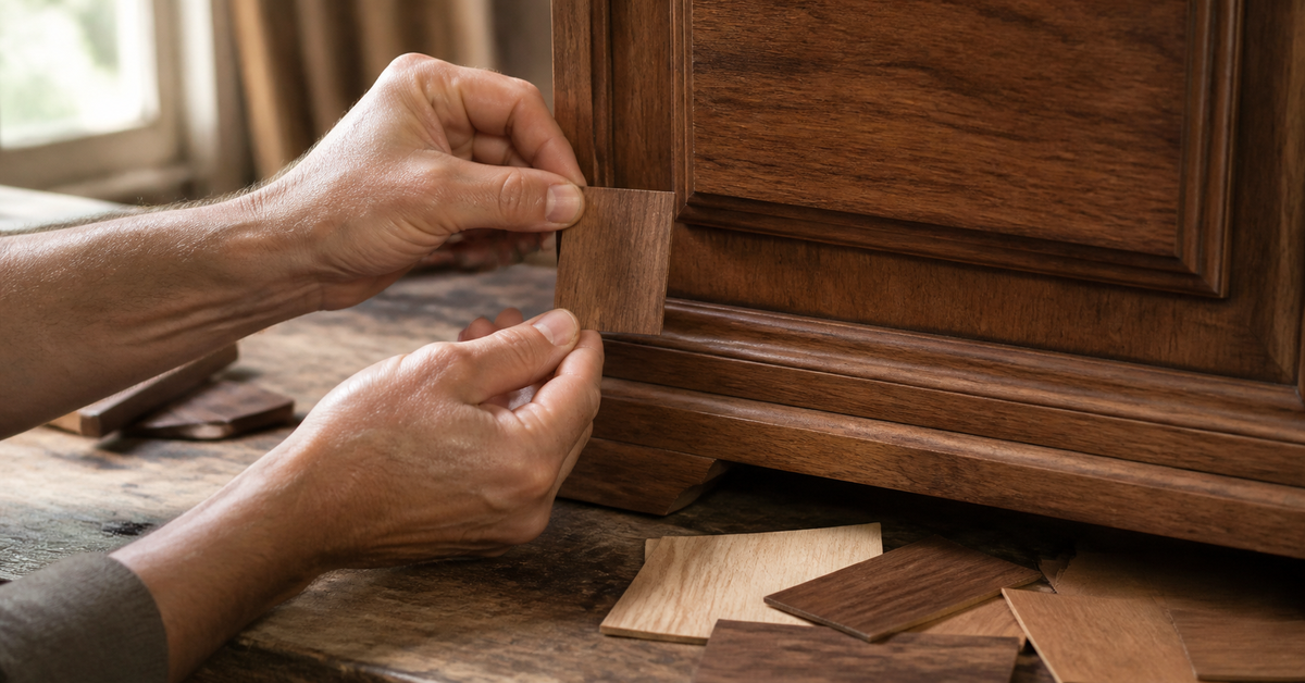 Comparing a dried repair swatch with the grain and color of a walnut cabinet