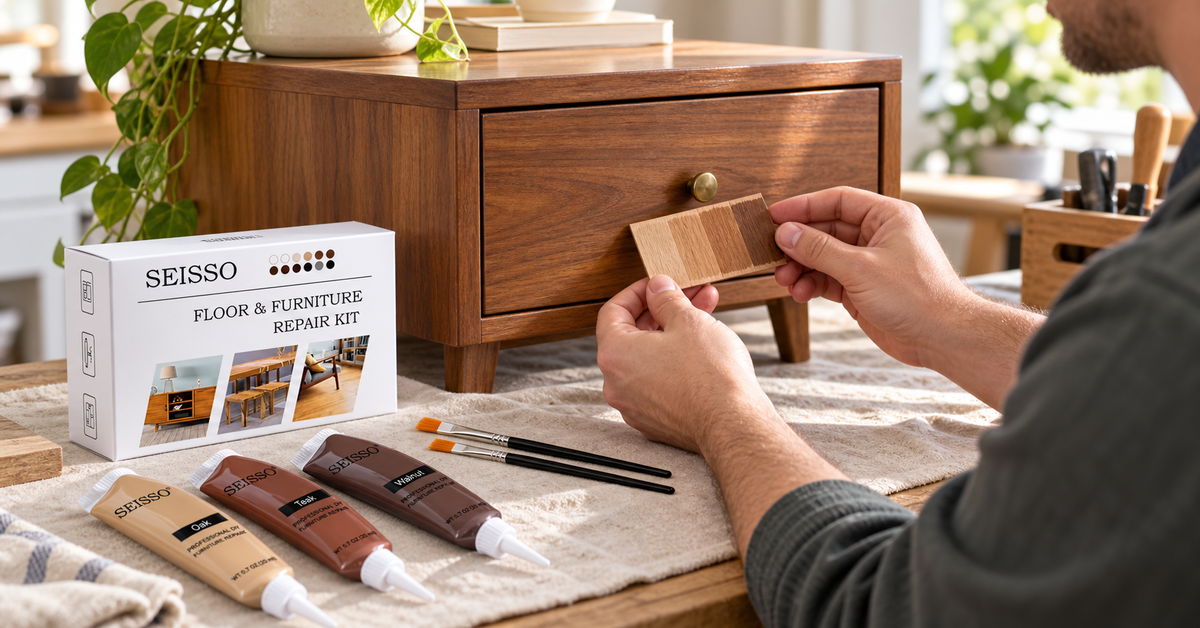 Adult comparing a wood finish sample beside SEISSO repair filler tubes at a home workbench