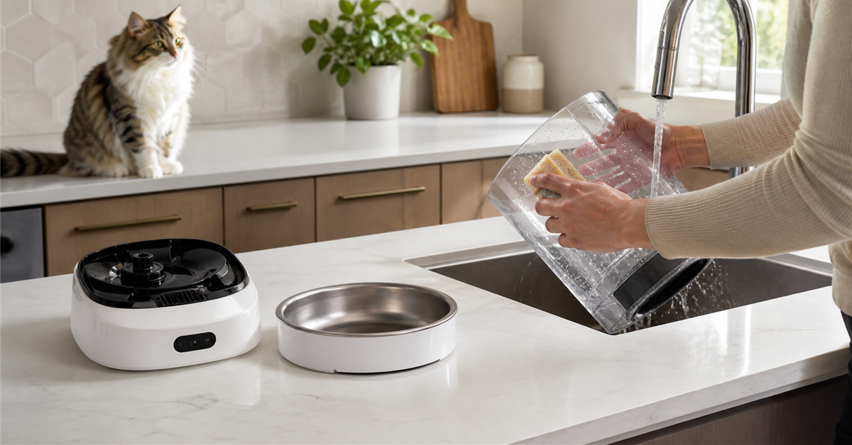Automatic cat feeder being disassembled for safe cleaning