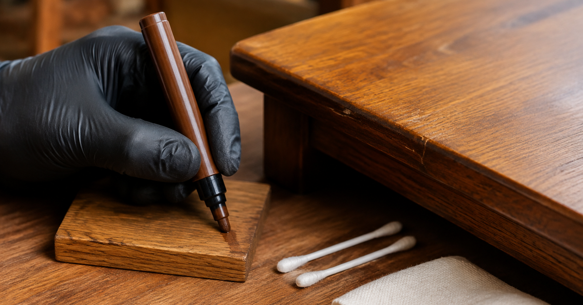 Hand testing a furniture touch-up marker on a hidden wood sample beside a scratched tabletop
