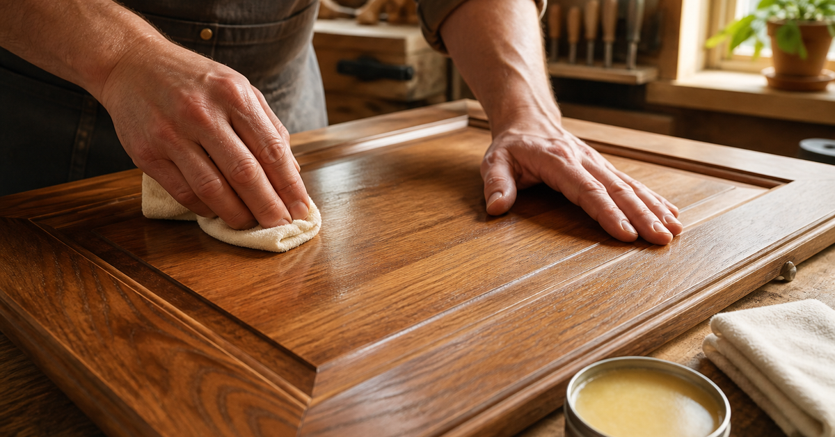 Hands applying a very thin layer of beeswax polish to a wooden cabinet with a soft cloth