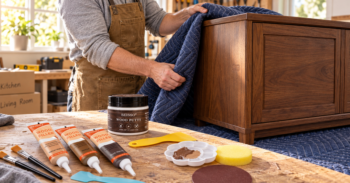 Homeowner preparing a walnut cabinet for moving beside SEISSO walnut repair products