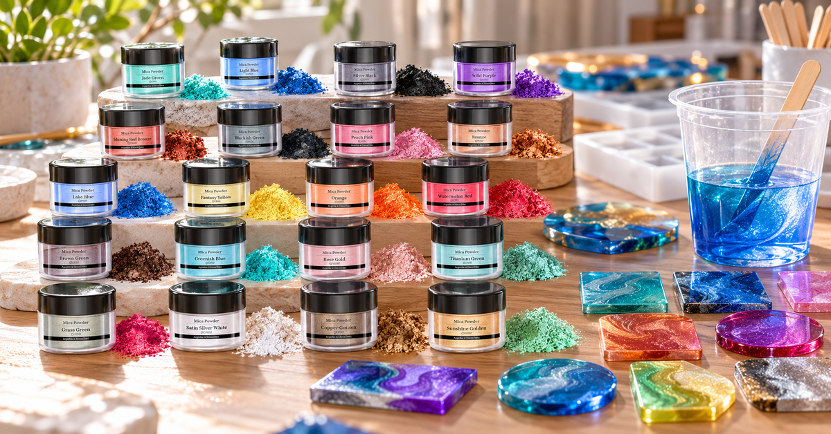 SEISSO mica pigment jars arranged beside a small resin color test on a craft table.