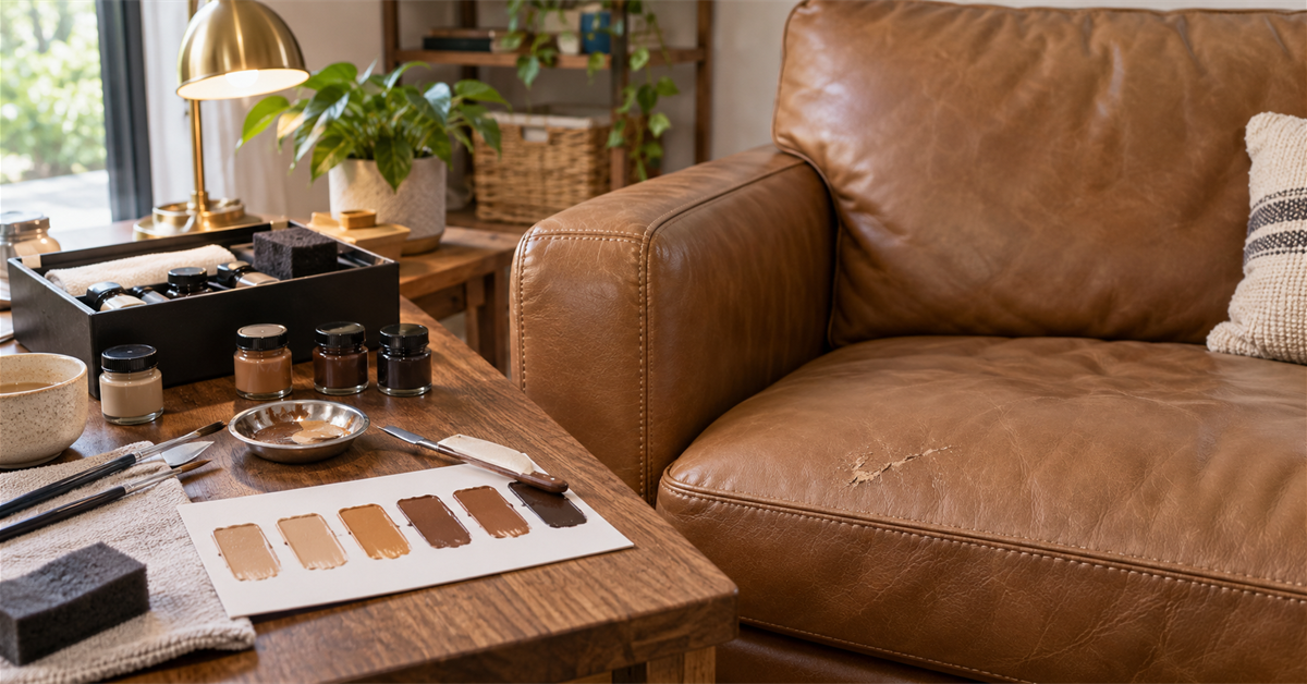 Small leather repair color samples tested beside a sofa cushion before application