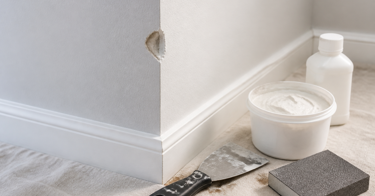 Dented drywall outside corner prepared for a smooth patch