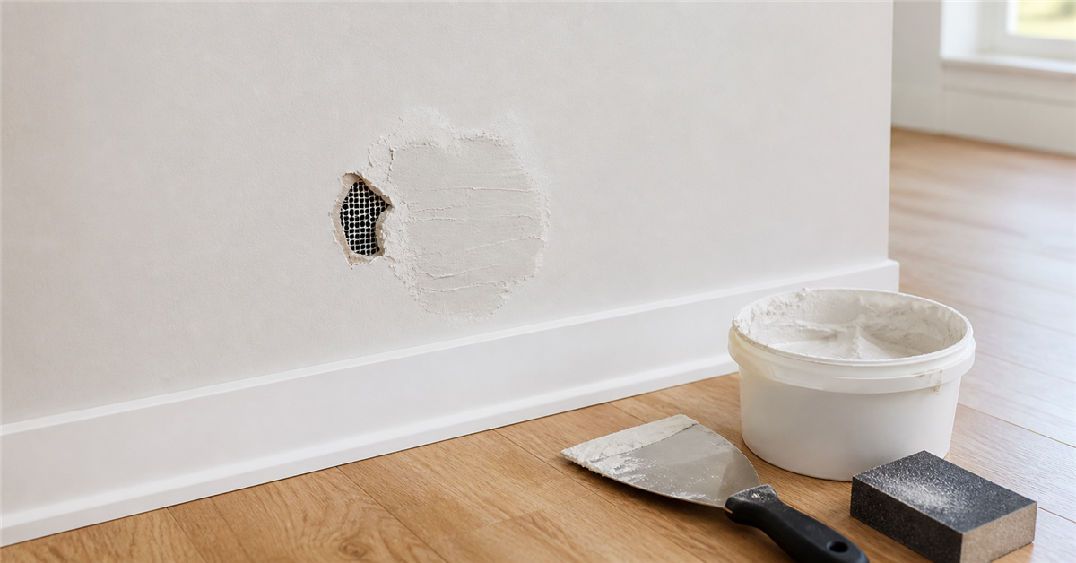 Deep drywall hole prepared with backing and thin repair layers