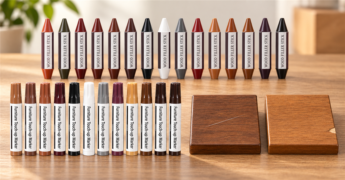 Furniture touch-up markers and wax filler crayons beside a scratched wood sample