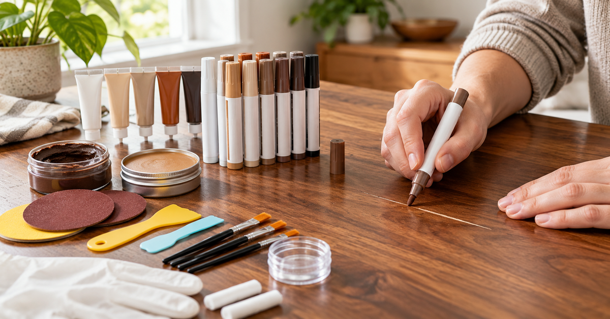 Wood furniture touch-up kit beside a walnut tabletop during a careful scratch repair.