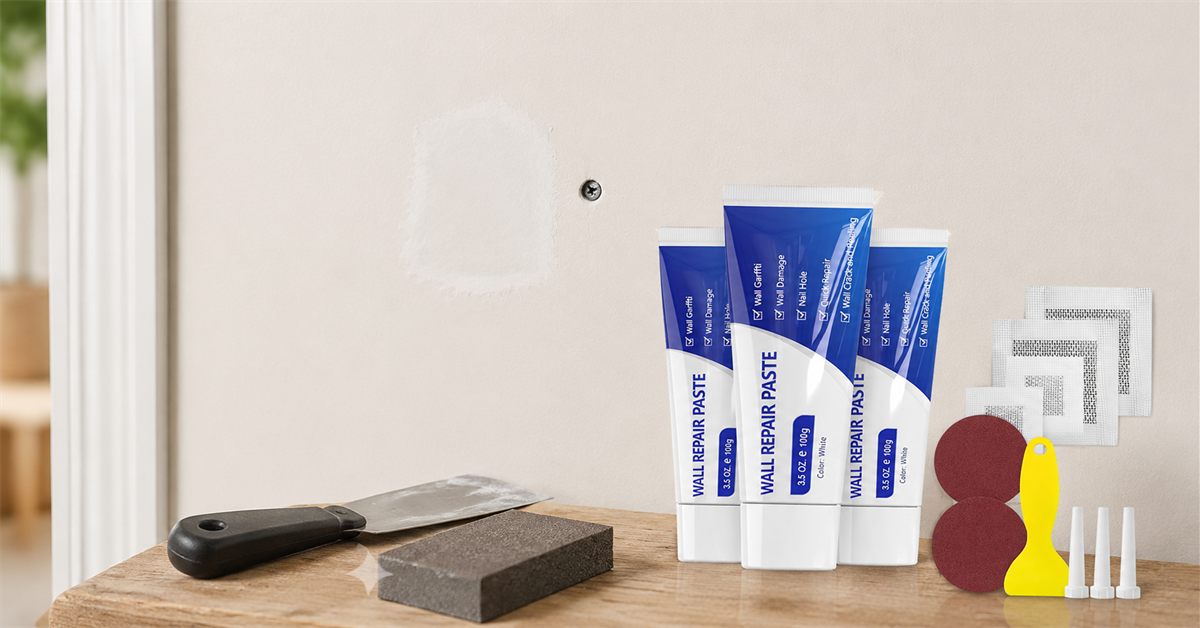 Drywall nail pop being secured and patched beside a SEISSO wall repair kit