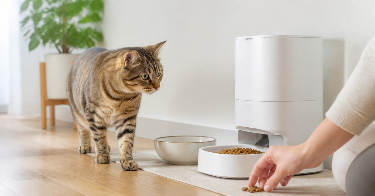 Relaxed cat exploring an automatic feeder during a supervised meal