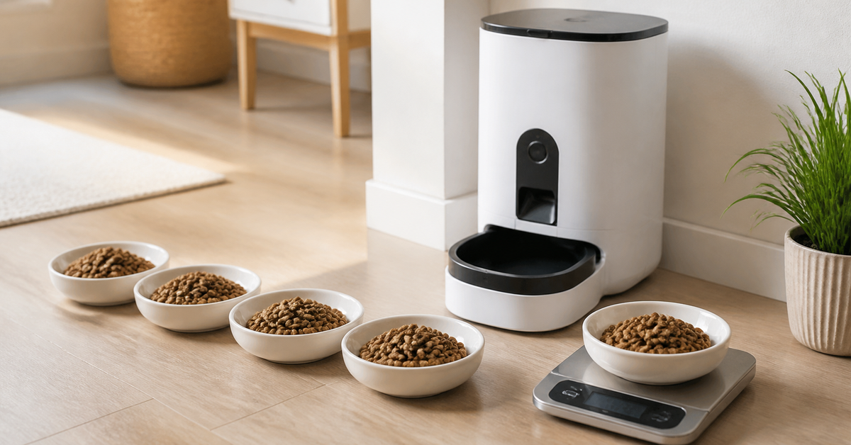 Automatic cat feeder portions being weighed on a digital kitchen scale