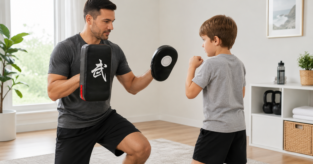 Adult holding CYFIE boxing pads for a supervised beginner practice session with a child
