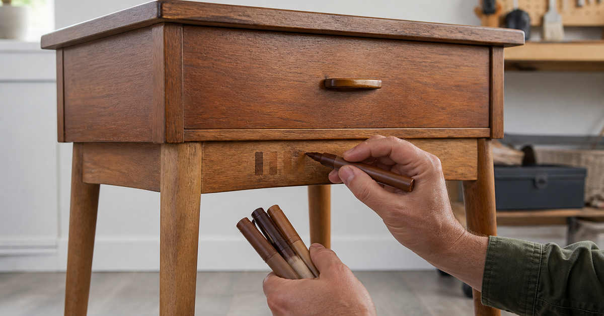 Hands testing several wood touch-up marker shades on a hidden area of a faded wooden side table