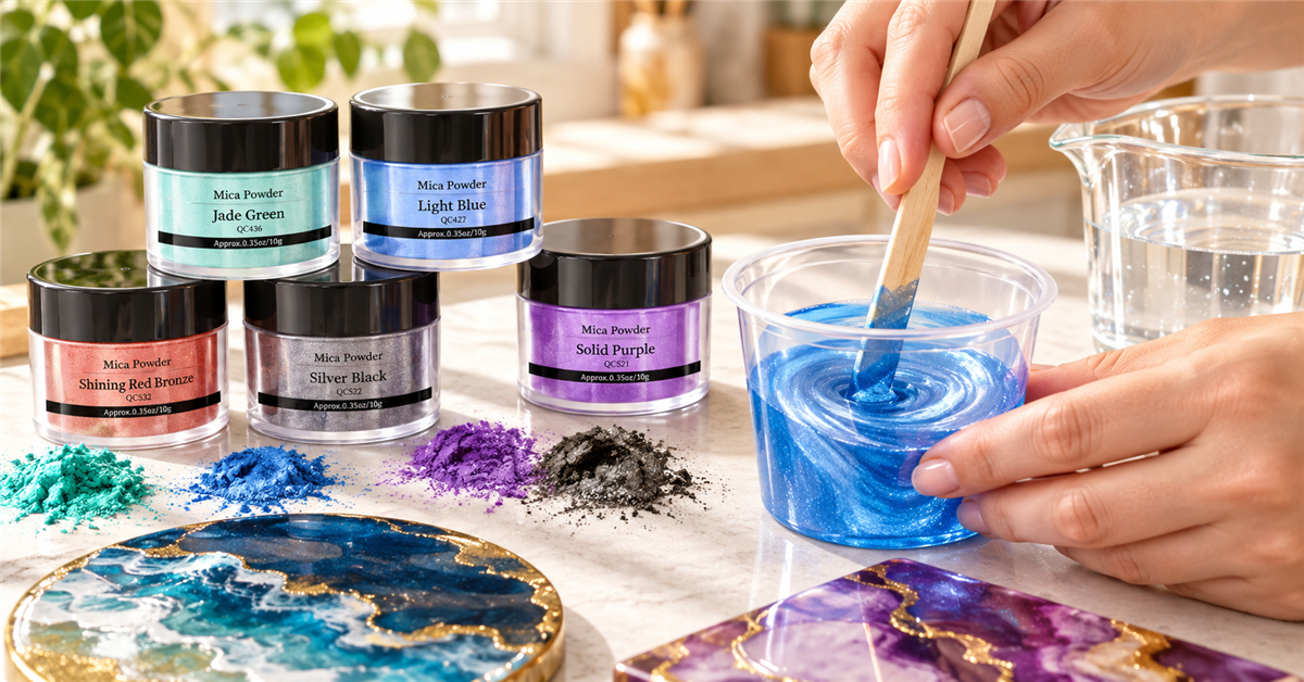 SEISSO mica powder jars beside a blue resin mixing cup and finished resin samples on a craft table
