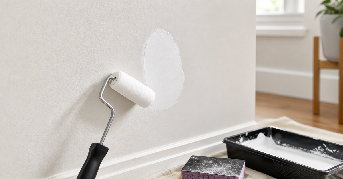 Smooth spackle patch being primed before wall paint is applied