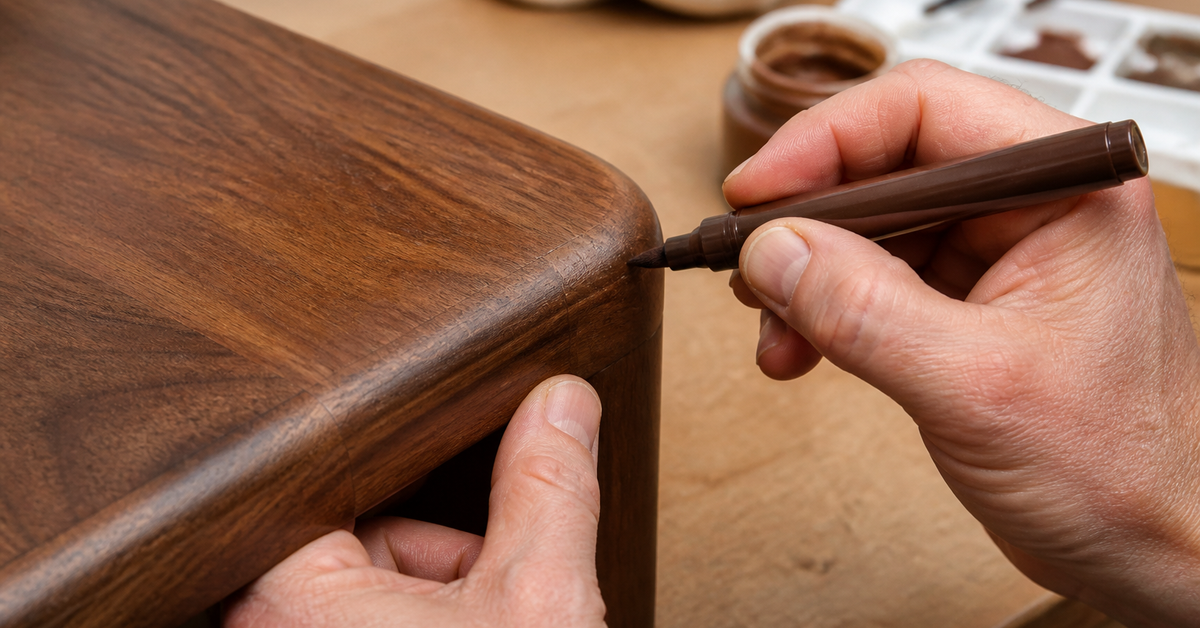 Worn wood furniture edge being repaired with filler and a color-matched touch-up marker
