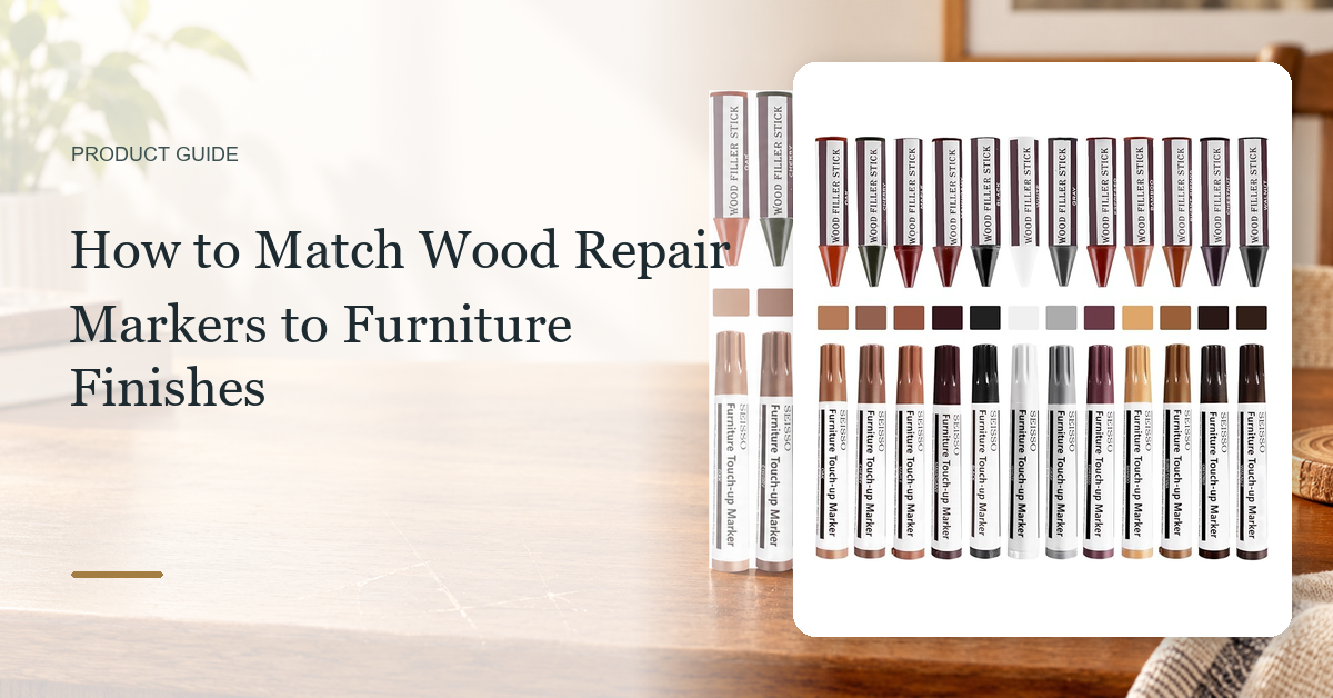 SEISSO 12-color furniture repair marker and filler kit shown intact on a horizontal wood-finish matching guide cover.