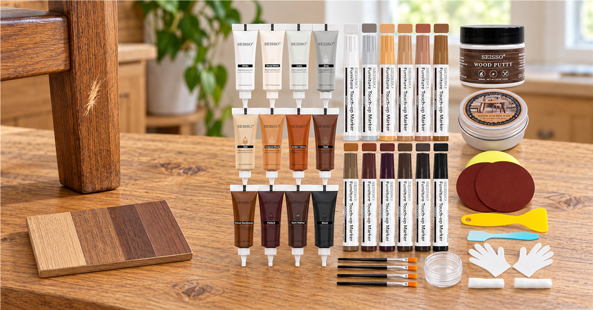 SEISSO furniture repair markers, filler and wax arranged on an oak workbench beside grain samples