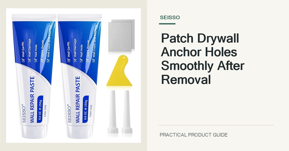Exact SEISSO Grey Wall Repair Kit beside a small patched drywall area, arranged in a horizontal editorial cover