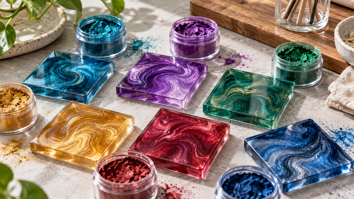 Pearlescent mica powder colors arranged with resin color samples for craft planning