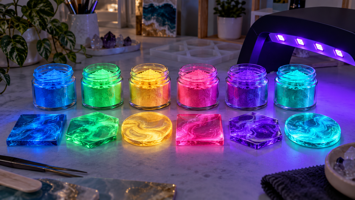 Glow pigment powders and resin sample tiles arranged for color planning