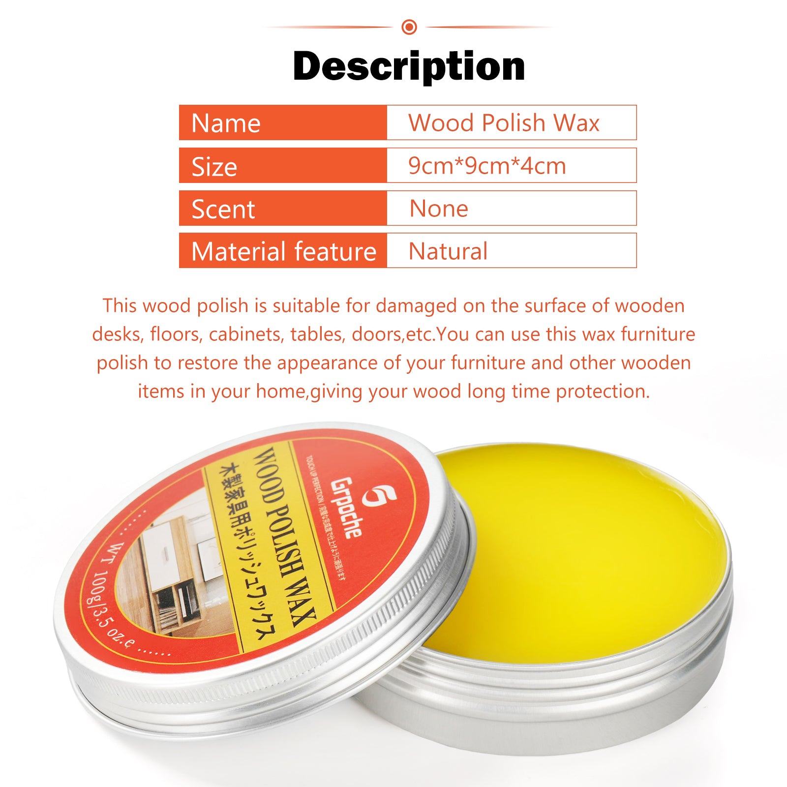 GRPOCHE Wood Wax Polish – 3.5oz Furniture Conditioner & Cleaner for Floors, Tables & Cabinets