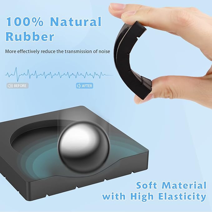 Hand holding a black anti vibration pads with text about natural rubber and noise reduction on a blue background
