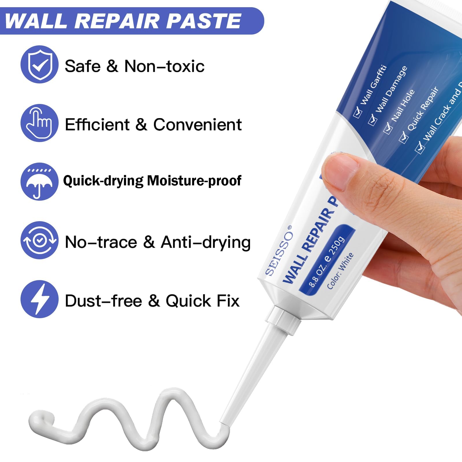 SEISSO Drywall Repair Kit, 500 g Wall Mending Agent- 2 Pack, Wall Spackle Repair Kit with Scraper, Patch for Wall Hole Filler, White Spackle Wall Repair Paste, Plaster Dent