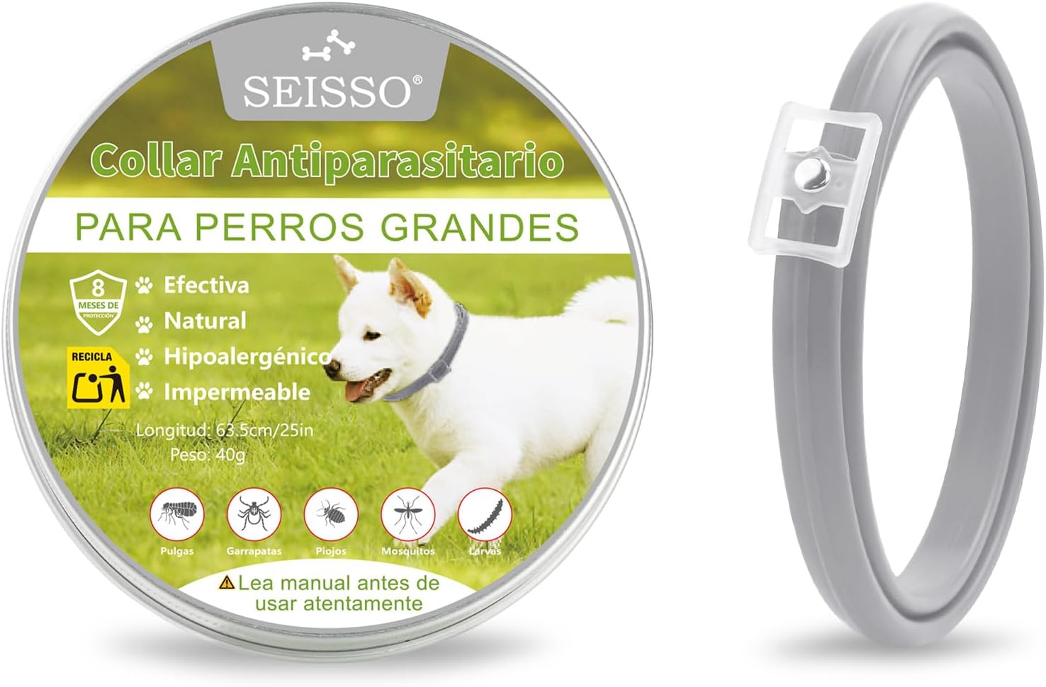 SEISSO Flea Collar for Dogs, Grey, 25 inches