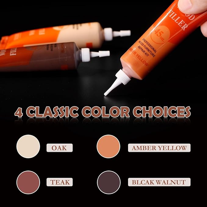 SEISSO Wood Repair Kit for Oak, Walnut & Laminate Furniture 45ml with 4 Color Fillers