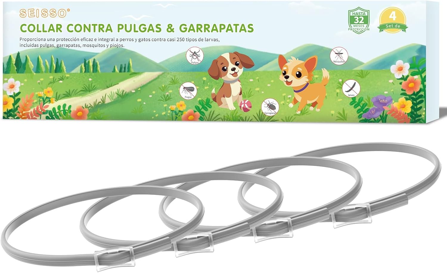 SEISSO 4 Anitparasitic Collars for Cats, Set of 4 Flea and Tick Collar with 24-32 Months Protection, Anti-Pale Collars for Small Dogs and Cats, 34.5 cm, Grey