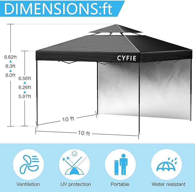 CYFIE 10x10ft Pop Up Canopy Tent with Sidewall & Sandbags