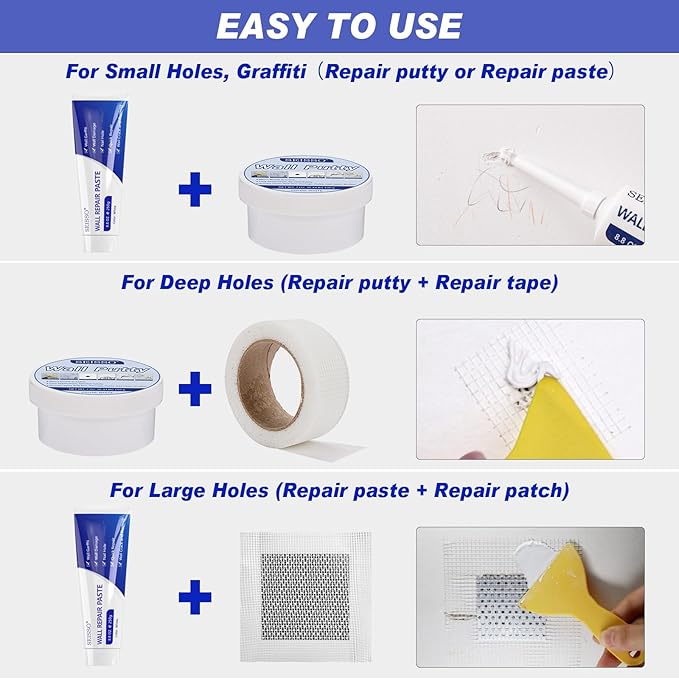 SEISSO Drywall Repair Kit – 2×250g White Wall Putty with Repair Tape & Patches