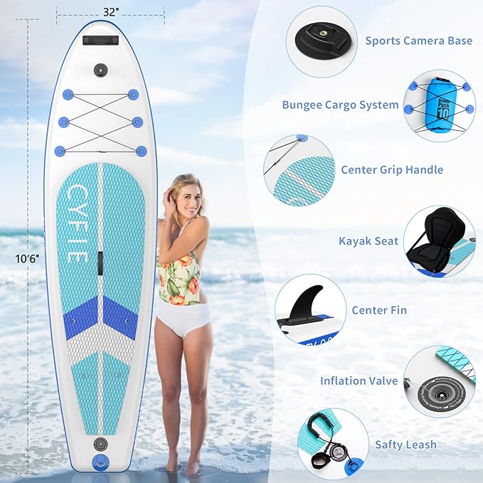 CYFIE 10'6" Inflatable Stand Up Paddle Board with Kayak Seat & Camera Mount for Yoga, Surf, Fishing, SUP Accessories Included
