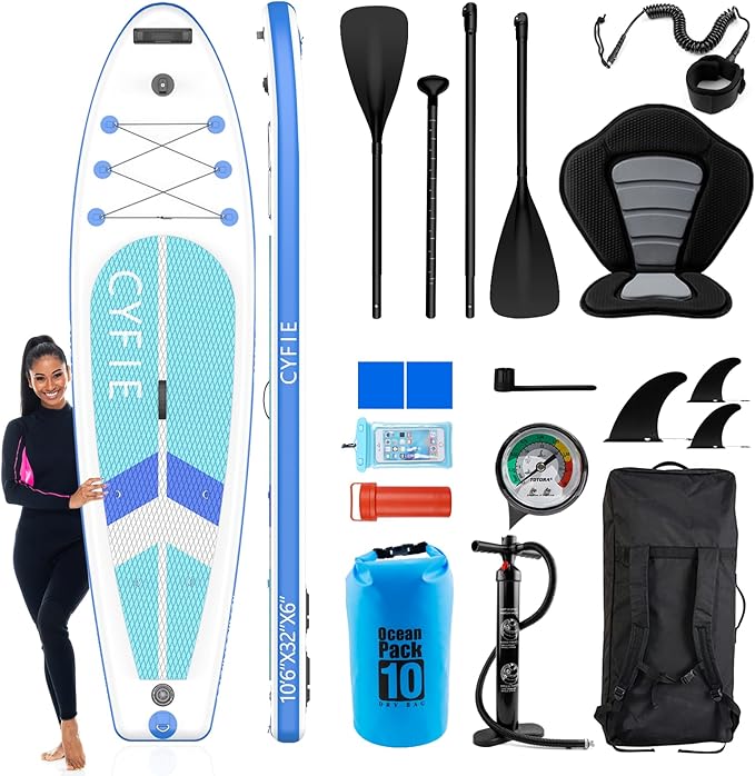 CYFIE 10'6" Inflatable Stand Up Paddle Board with Kayak Seat & Camera Mount for Yoga, Surf, Fishing, SUP Accessories Included