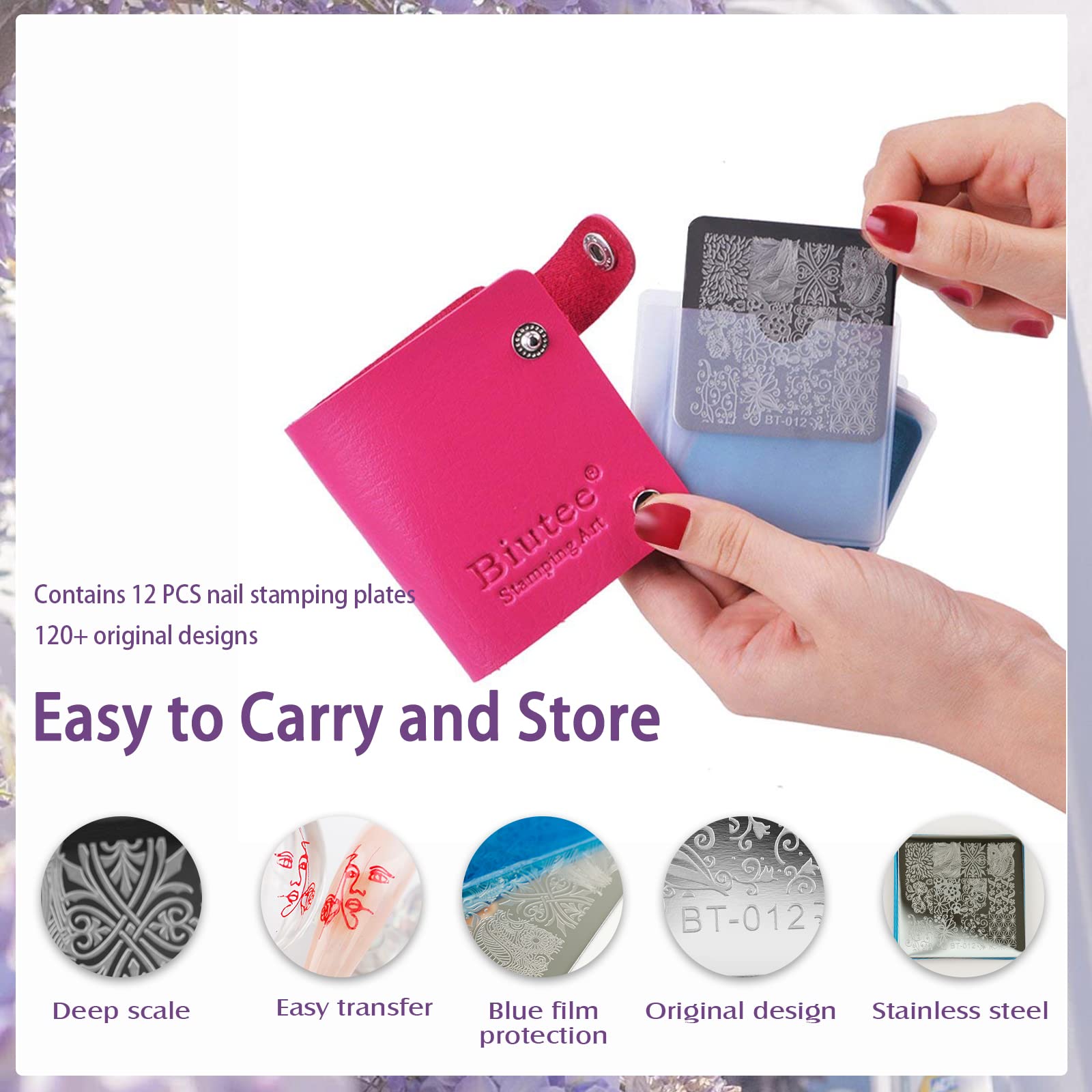 Biutee French Tip Nail Stamping Kit – 2PCS Lace Plates with Stamper & Scraper, DIY Nail Art Templates for Manicure