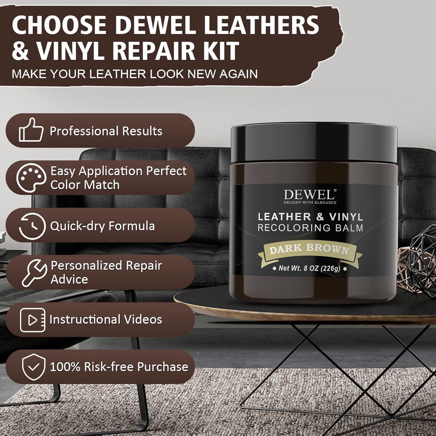 DEWEL Dark Brown Leather Repair Balm for Couches, Car Seats & Shoes
