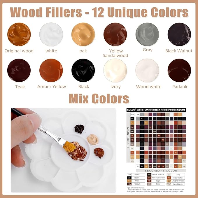 SEISSO Wood Repair Kit 12 Colors Touch Up Fillers for Scratches Stains Floors Tables