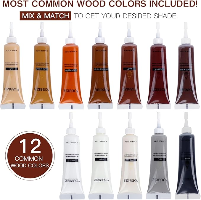 SEISSO Wood Furniture Repair Kit – 12 Colors Stainable Filler for Scratches & Floors