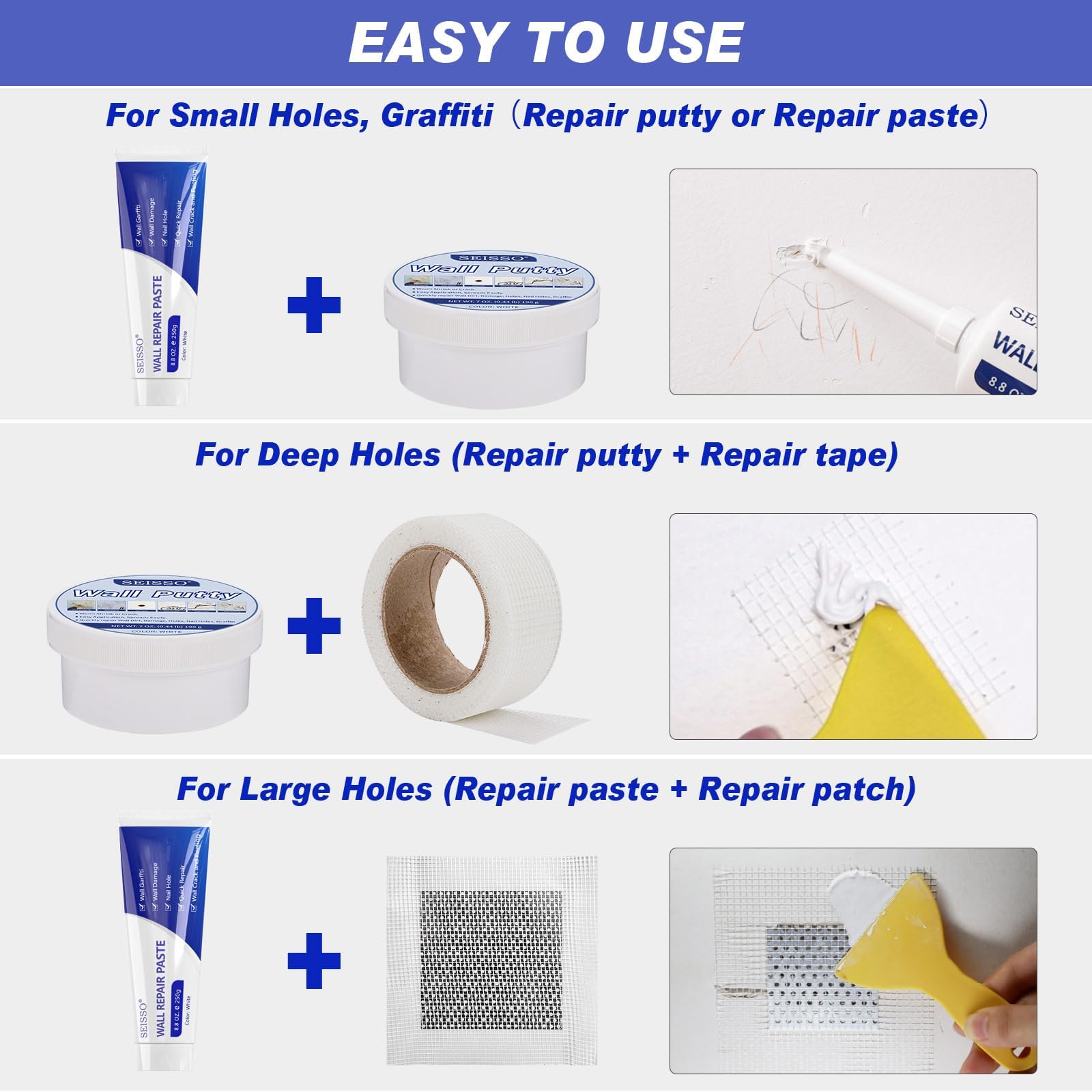 SEISSO Drywall Repair Kit, 500 g Wall Mending Agent- 2 Pack, Wall Spackle Repair Kit with Scraper, Patch for Wall Hole Filler, White Spackle Wall Repair Paste, Plaster Dent